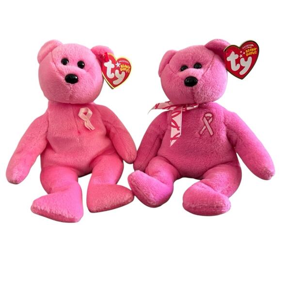 Ty Beanie Babies Lot of 2 Pink Teddy Bears Aware and Hope - Picture 1 of 11